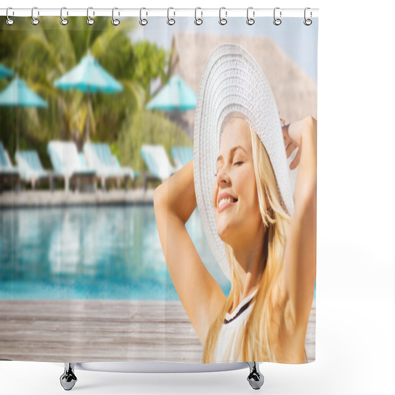 Personality  Beautiful Woman Enjoying Summer Over Beach Pool Shower Curtains