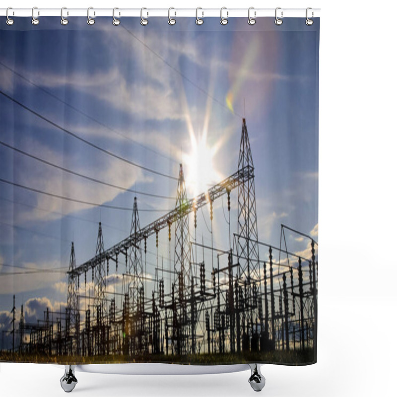 Personality  Sun Setting Over An Electrical Substation. Shower Curtains