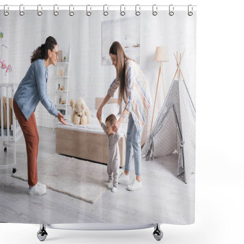 Personality  Mother Supporting Baby Boy Walking Near Smiling African American Woman In Glasses  Shower Curtains