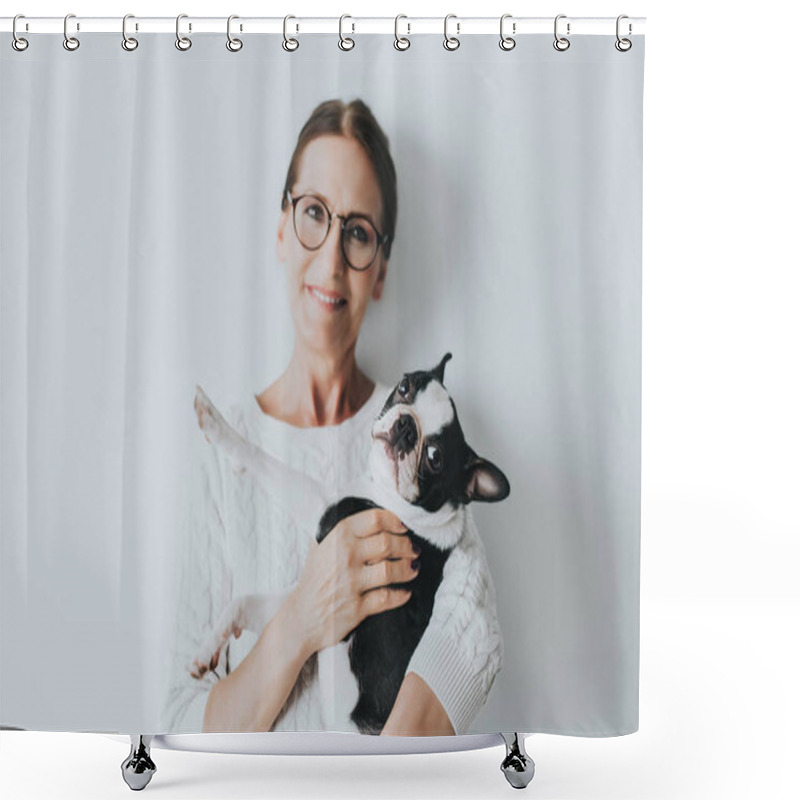 Personality  Portrait Of Happy Young Adult In Good Mood  At Home. Happy Housewife Fondling French Bulldog With Pleasure. Copy Space, Family Concept.Indoor Portrait Of Smiling Woman With Dog On Grey Background. Shower Curtains