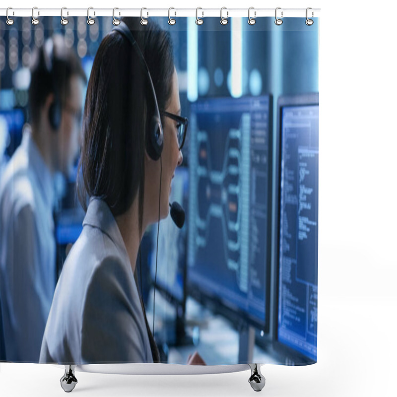 Personality  In The System Control Center Woman Working In A Technical Suppor Shower Curtains