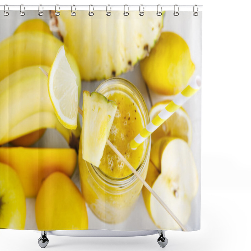 Personality  Fresh Organic Yellow Smoothie With Banana, Apple, Mango, Pear, P Shower Curtains