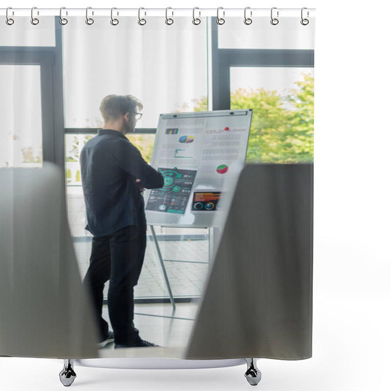 Personality  Programmer Looking At Graphs On Flip Chart Near Blurred Computer Monitors In Office  Shower Curtains