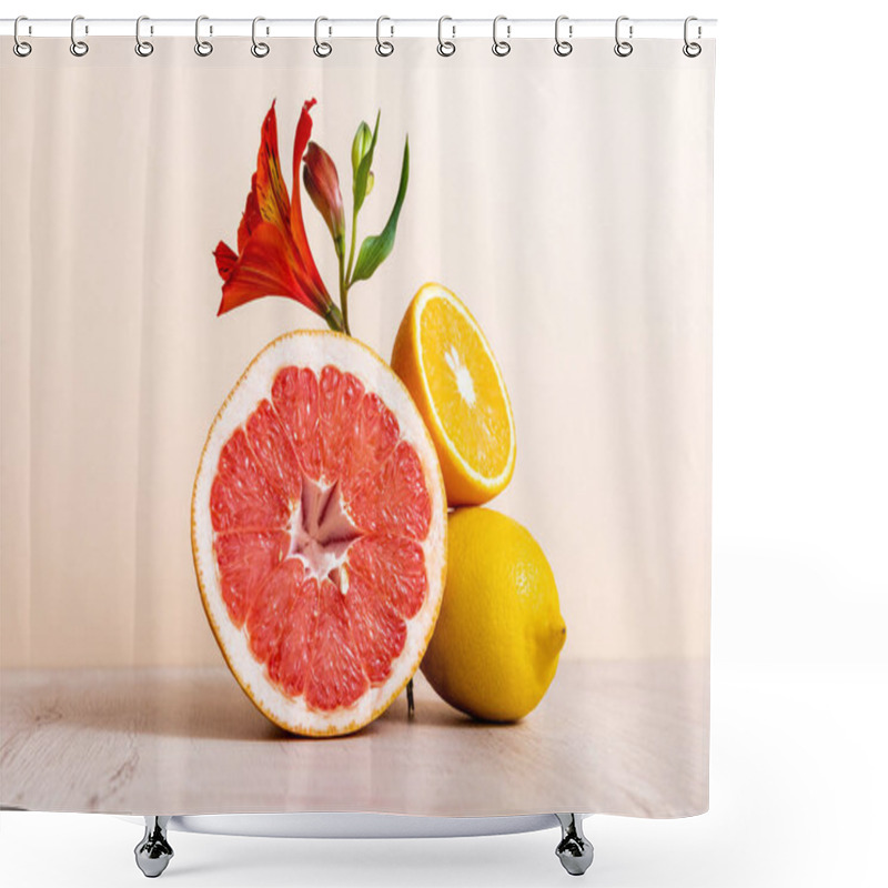 Personality  Floral And Fruit Composition With Red Alstroemeria And Citrus Fruits On Beige Background Shower Curtains