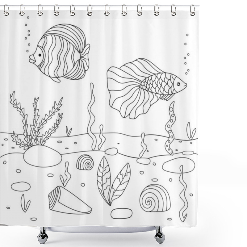 Personality  Vector Illustration With Algae, Shell And Fish, Sea Floor. Cute Square Page Coloring Book For Children.  Shower Curtains