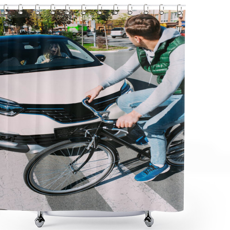 Personality  Male Bicycle Rider Hit By Woman In Car On Road, Car Accident Concept Shower Curtains