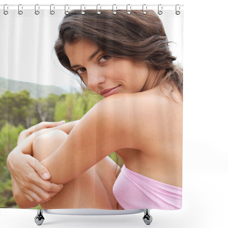 Personality  Young Woman Relaxing In The Forest Mountains Shower Curtains