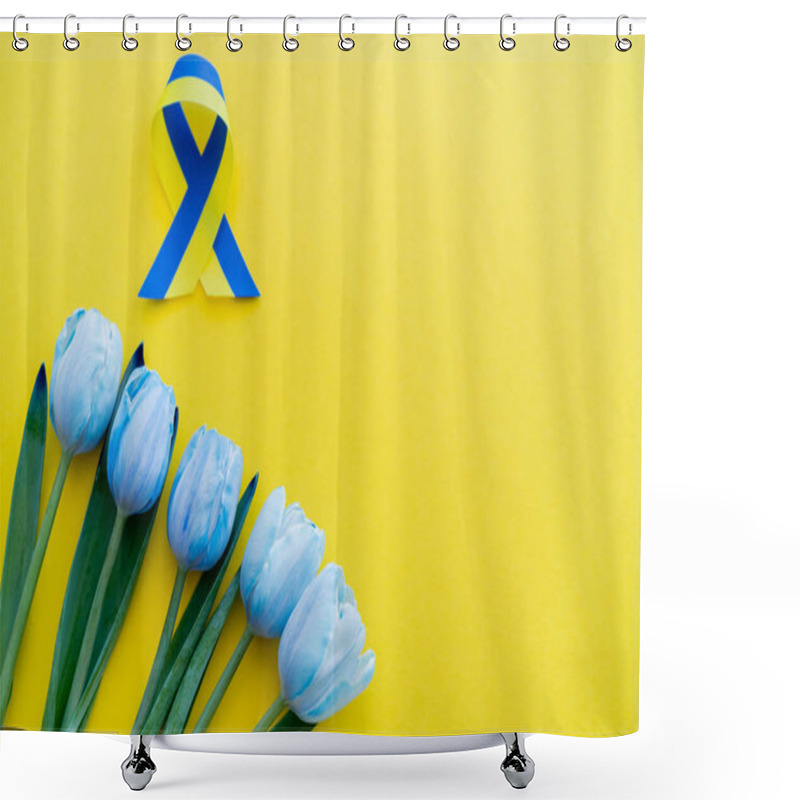 Personality  Top View Of Blue And Yellow Ribbon Near Tulips On Background With Copy Space Shower Curtains