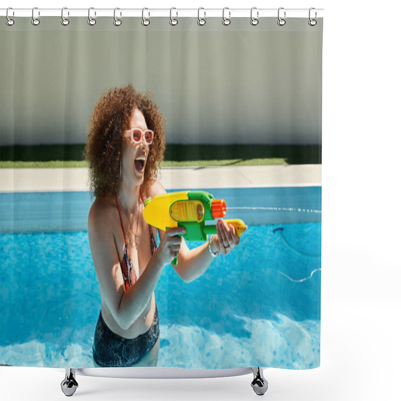 Personality  A Woman In A Bikini Laughs As She Playfully Shoots A Water Gun At The Pool. Shower Curtains