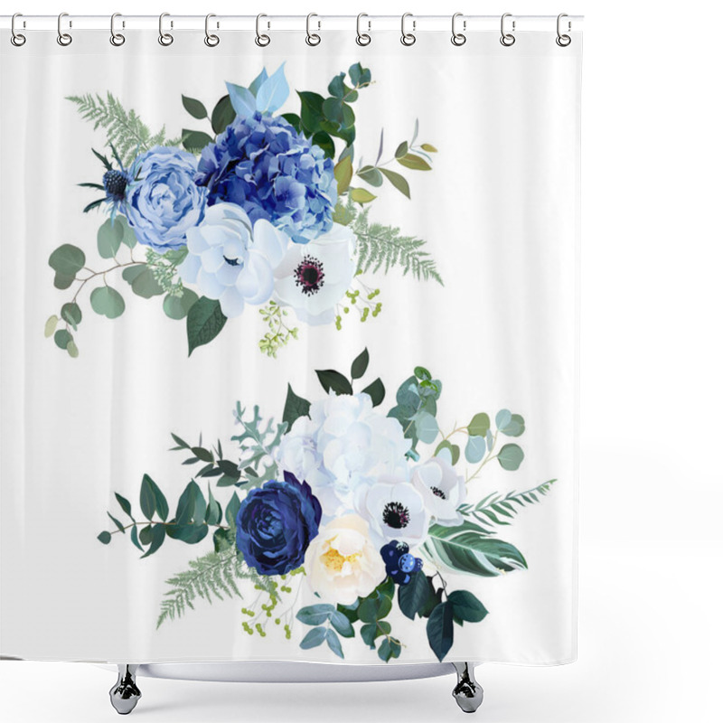 Personality  Classic Navy Blue Rose, White Hydrangea, Ranunculus, Anemone, Dark Thistle Flowers Shower Curtains