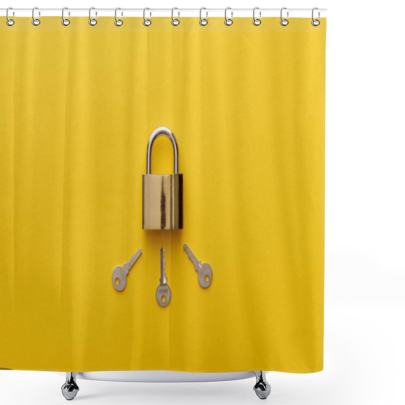 Personality  Top View Of Metal Padlock With Keys On Yellow Background Shower Curtains