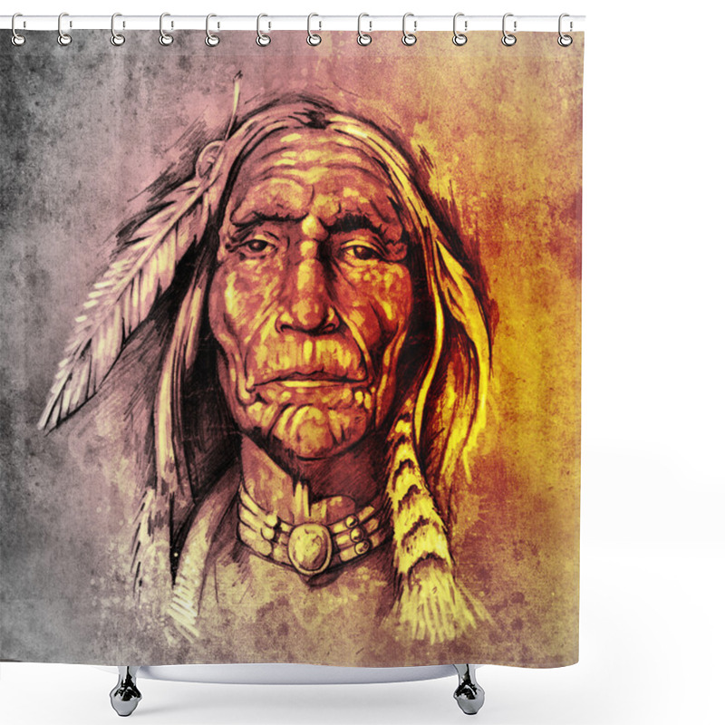 Personality  Sketch Of Tattoo Art, Portrait Of American Indian Head Over Colo Shower Curtains