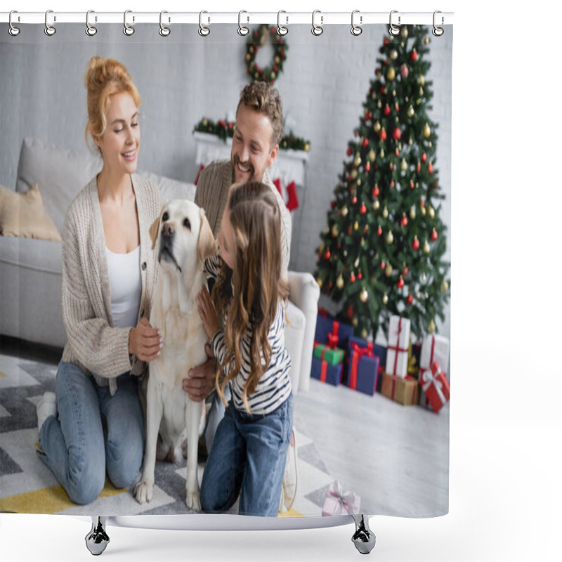 Personality  Smiling Family Petting Labrador Near Blurred Christmas Tree In Living Room  Shower Curtains