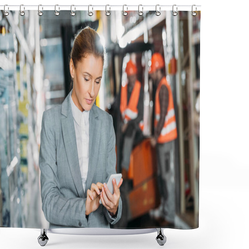 Personality  Businesswoman Using Smartphone In Shipping Stock Shower Curtains