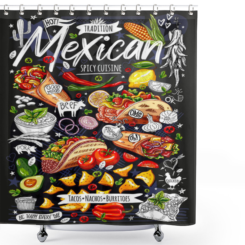 Personality  Food Poster, Ad, Fast Food, Menu, Mexican Cuisine, Nachos, Burritos, Tacos, Snack. Avocado, Cheese, Bean, Corn, Chicken. Yummy Cartoon Style. Hand Drawn Vector Shower Curtains