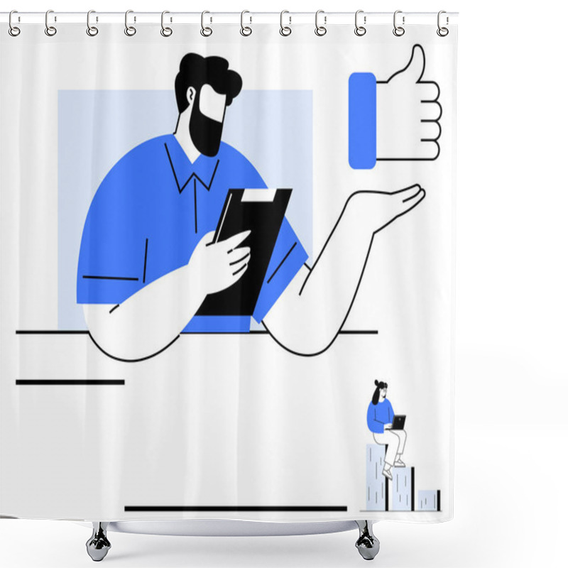 Personality  Man Reviewing Data On Clipboard, Thumbs-up Hand Indicating Approval, And Seated Figure Analyzing Charts. Ideal For Teamwork, Leadership, Approval Process, Project Planning, Decision-making, Business Shower Curtains