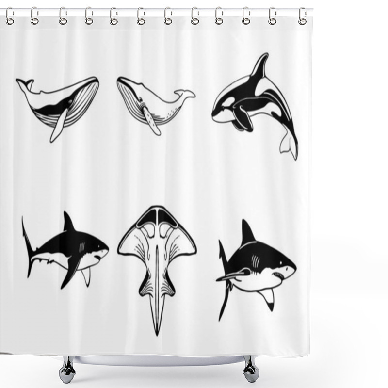 Personality  Set Of Sharks Isolated. Underwater Wonder From Coral Reefs To Deep-Sea Trenches. Shower Curtains