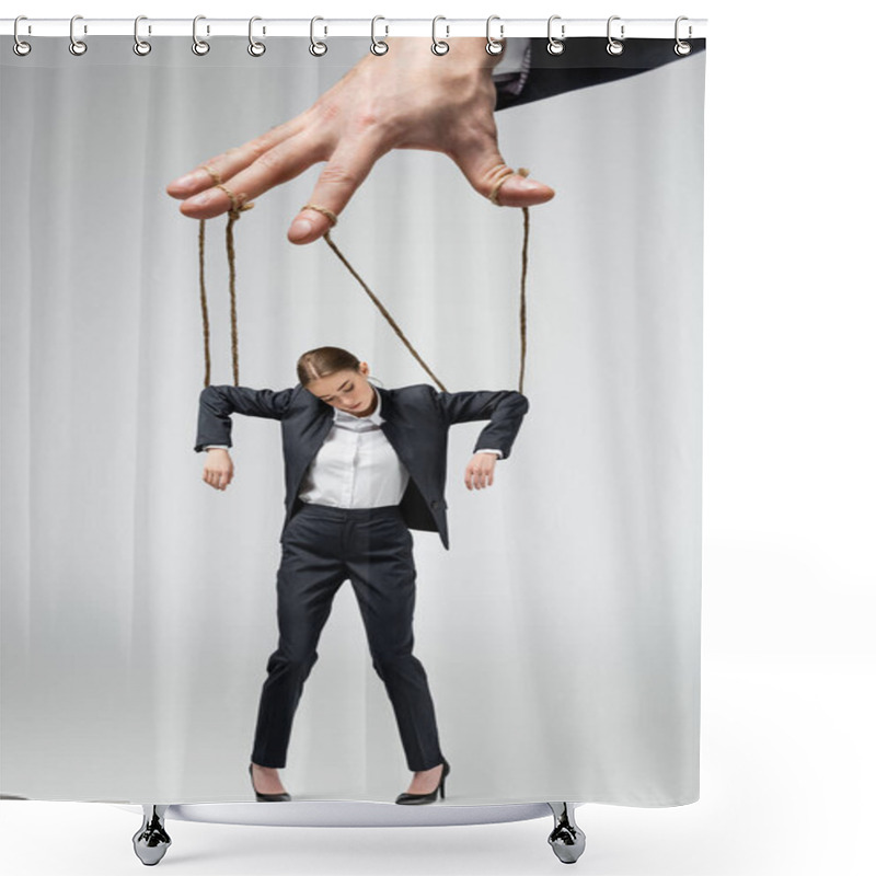 Personality  Cropped View Of Puppeteer Holding Businesswoman Marionette On Strings Isolated On Grey Shower Curtains