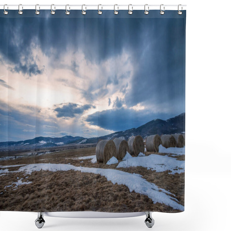 Personality  Straw Bales On Winter Field At Sunset. Shower Curtains