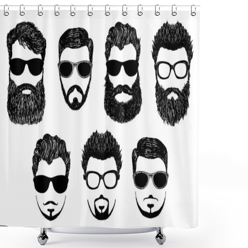 Personality  Hipster Detailed Hair And Beards With Sunglasses Kit. Fashion Bearded Man Face. Long Beard With Facial Hair. Beard Isolated On White. Hipsters With Different Haircuts, Mustaches, Beards, Glasses. Shower Curtains