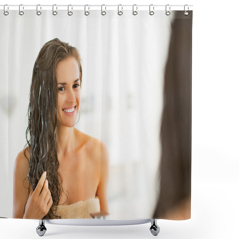 Personality  Happy Young Woman Applying Hair Mask In Bathroom Shower Curtains