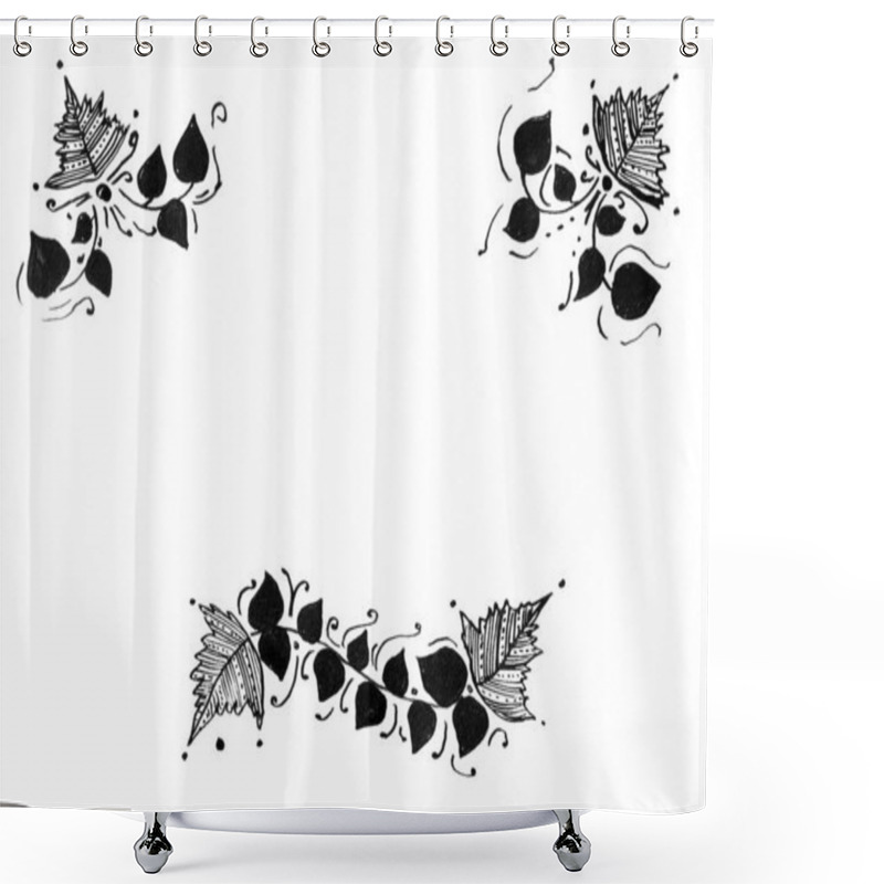 Personality  Frame, Framing Of Leaves. White Background And Copy Space. Leaves Of Different Shapes And Sizes, Filled With Decor. Lines, Dots, Ornament Or Fill. Black Color. Doodle. Above And Belong. Isolated. Shower Curtains