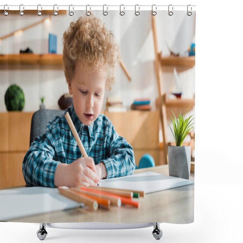 Personality  Selective Focus Of Kid Drawing At Desk  Shower Curtains