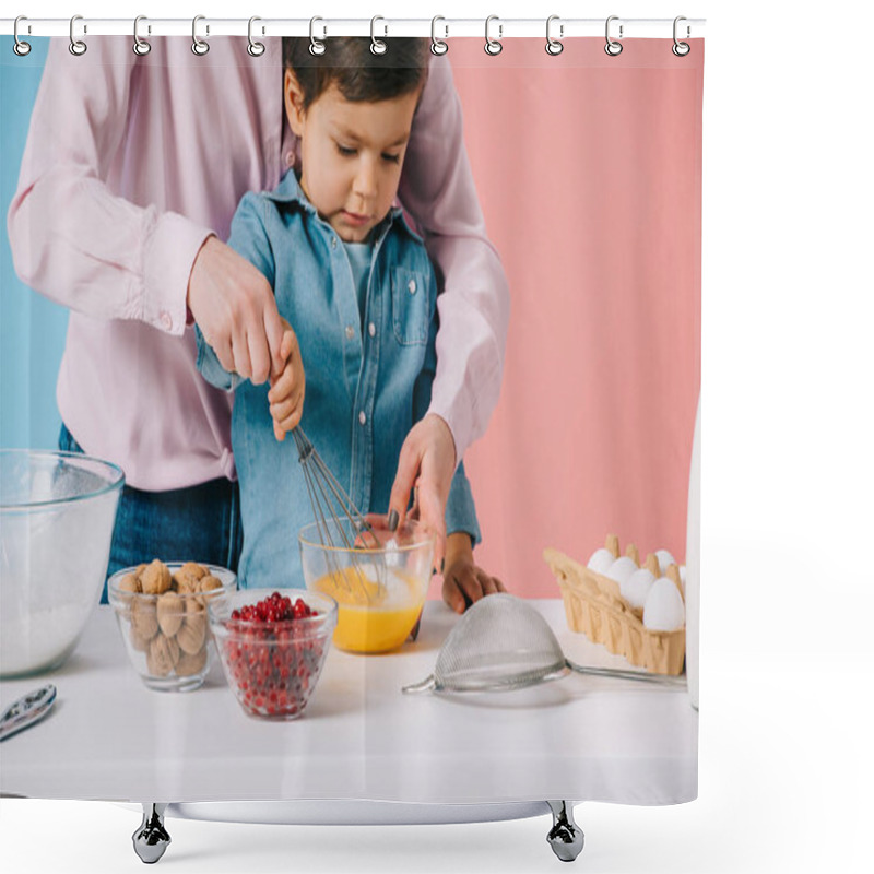 Personality  Cute Little Boy Whipping Eggs With Balloon While Mother Helping Him On Bicolor Background Shower Curtains