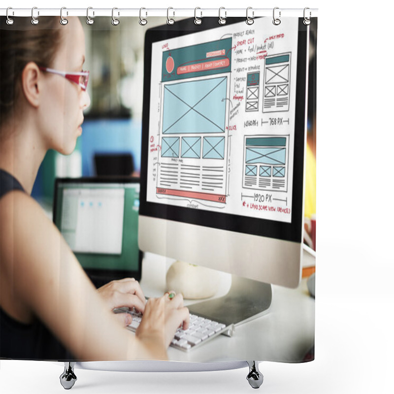 Personality  Businesswoman Working On Computer With Web Page Shower Curtains