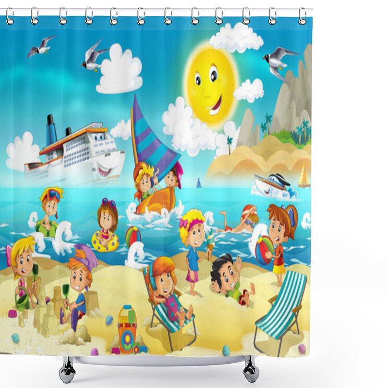 Personality  The Kids Playing At The Beach, Diving, Building In Sand Shower Curtains