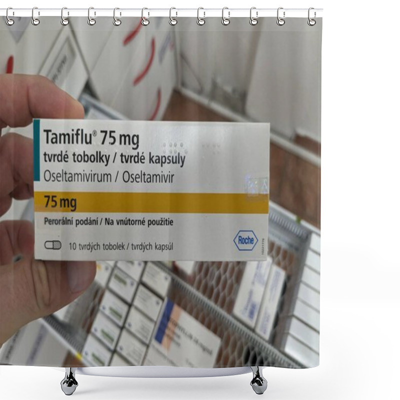 Personality  Prague,Czech Republic- November 8 2024:TAMIFLU Medication. Tamiflu,active Substance Oseltamivirum,Oseltamivir,Roche Antivirotic Teatment In Czech Republic. Package Of Drug. Shower Curtains