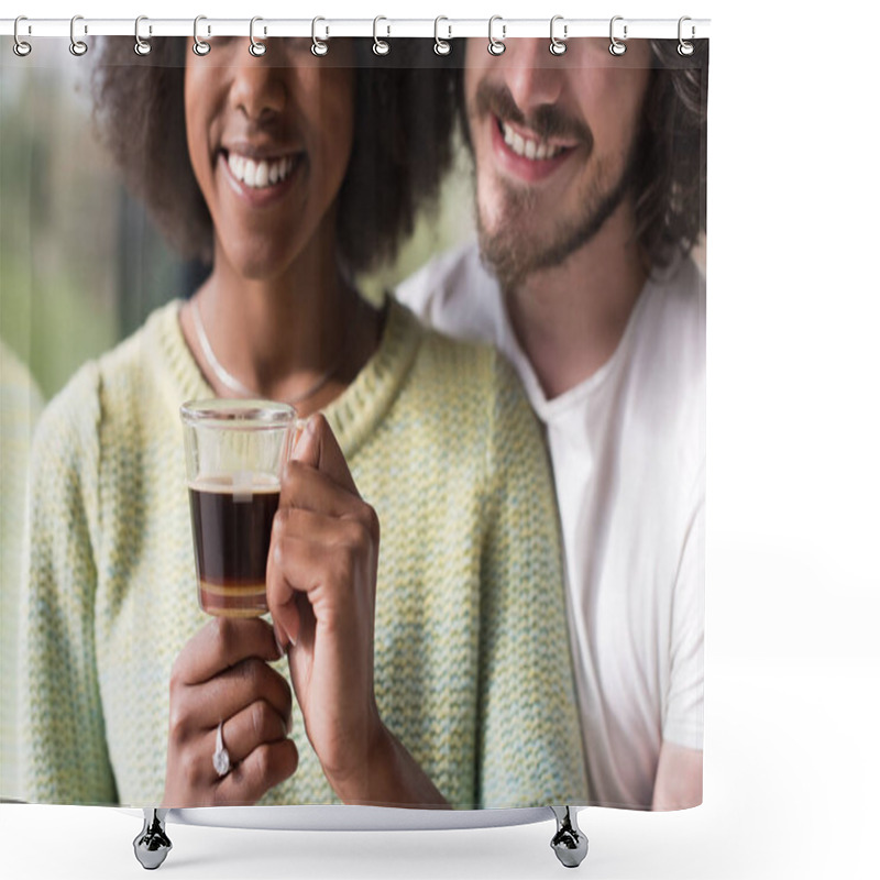 Personality  Happy Multiethnic Couple Relaxing At Modern Home Indoors Shower Curtains