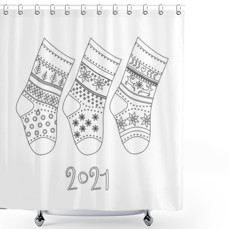 Personality  Winter Collection Of Knitted Socks With Different Ornaments In Line Art Style.Warm Woolen Scandinavian Knee-highs For Presents.Happy New Year 2021 And Christmas Card.Children's Accessory,sale Template Shower Curtains