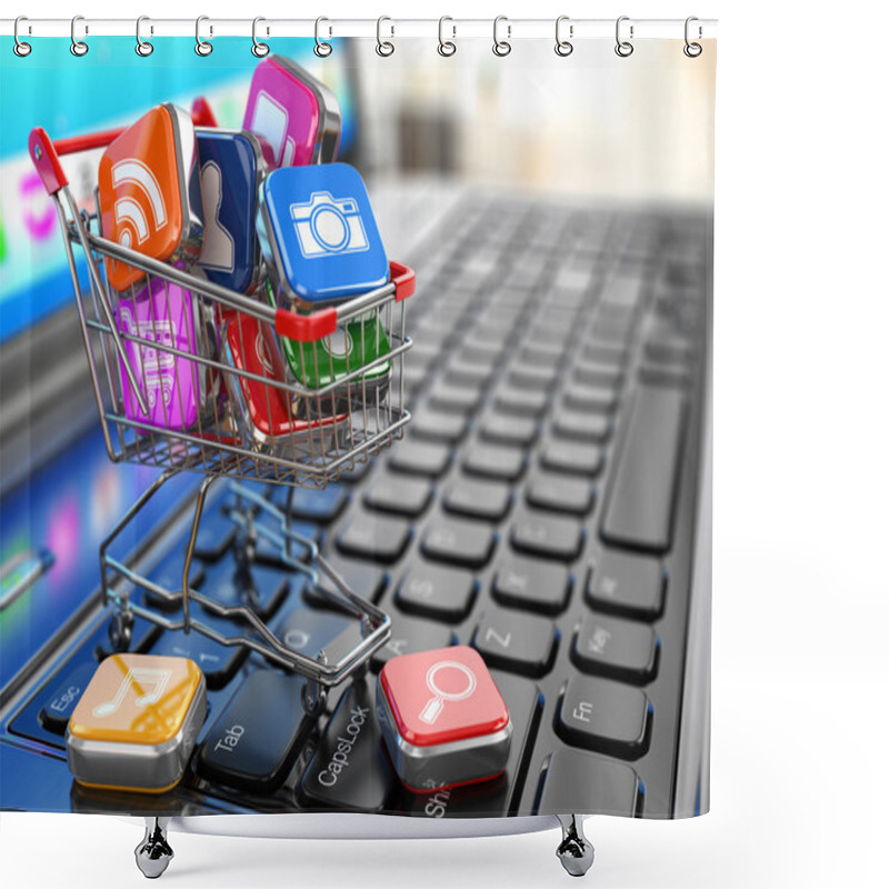 Personality  Store Of Laptop Software. Apps Icons In Shopping Cart. Shower Curtains