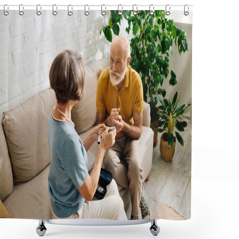 Personality  A Devoted Wife Assists Her Husband, Managing His Diabetes With Love And Support At Home. Shower Curtains