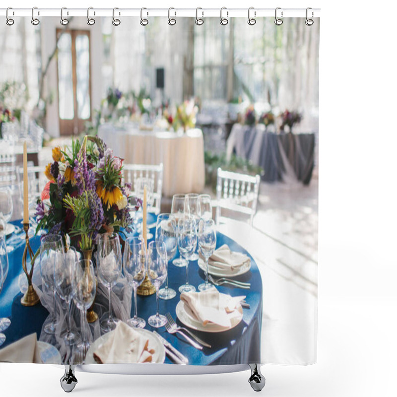 Personality  Serving A Wedding Banquet Table In The Greenhouse. On A Blue Tablecloth, A Bouquet Of Bright Wild Flowers, Wine Glasses, White Plates, Cutlery, Candles In Golden Candlesticks.  Shower Curtains