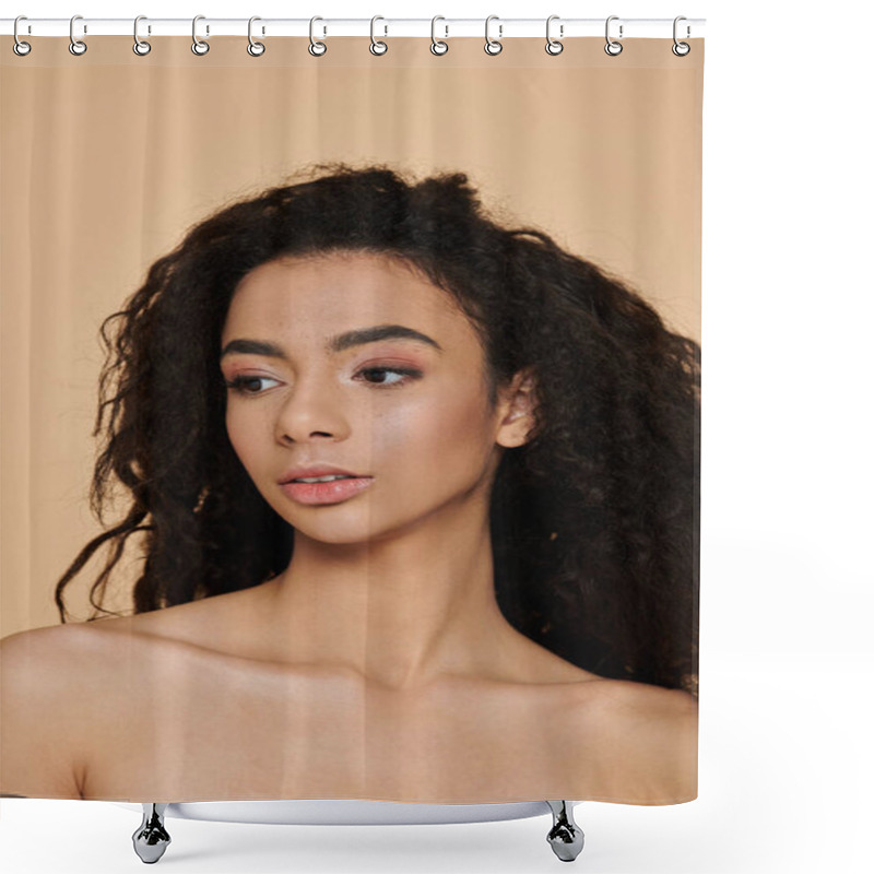 Personality  A Young Woman With Curly Hair And Natural Makeup Gazes Off To The Side, Her Expression Serene. Shower Curtains