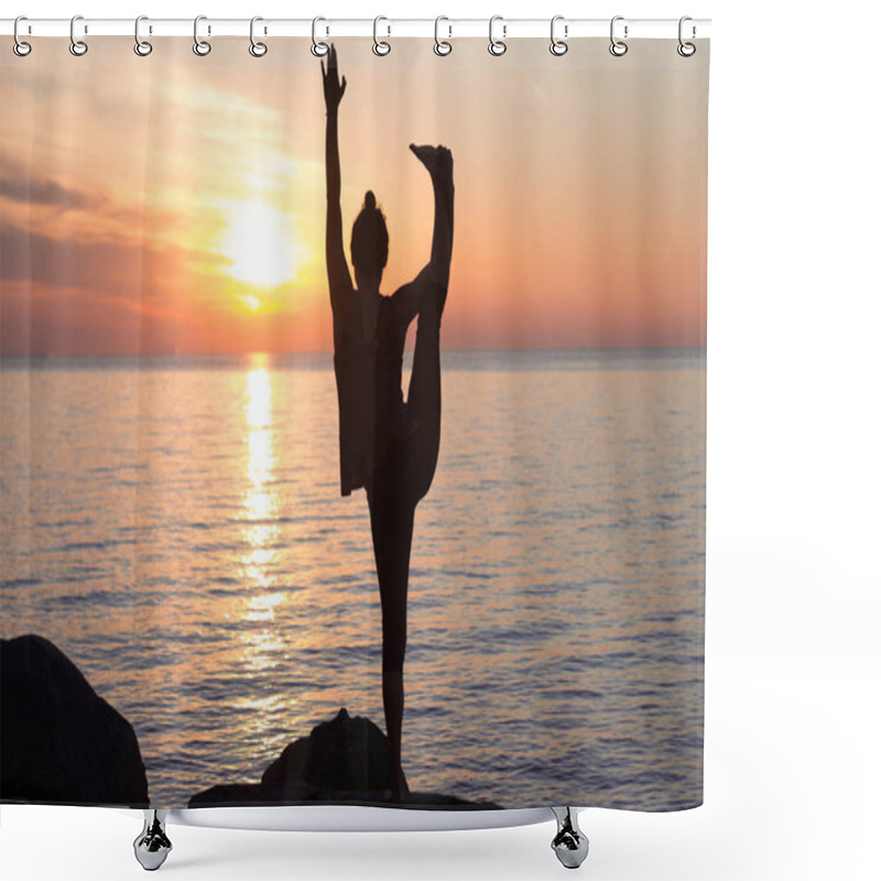 Personality  Fitness Mixed Race Woman Silhouette In Yoga Pose On The Morning Beach, Beautiful Fit Woman Practice Fitness Exrxise Stones, Morning Sea Or Ocean Background Shower Curtains