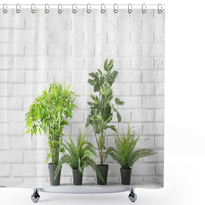 Personality  Potted Plants On Table Near Brick Wall. Interior Decor Shower Curtains