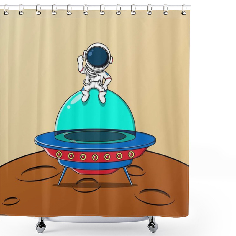 Personality  Cute Astronaut Sitting On Ufo Spaceship And Waving, Vector Illustration Eps.10 Shower Curtains