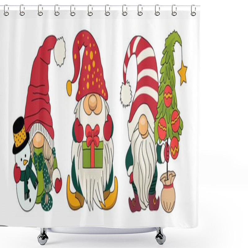 Personality  Set Of Adorable Christmas Gnomes With Gift Boxes, Christmas Tree, Hot Cocoa. Colorful Hand Drawn Cartoon Characters Isolated On White Background, Cut Out, Clipart. Shower Curtains