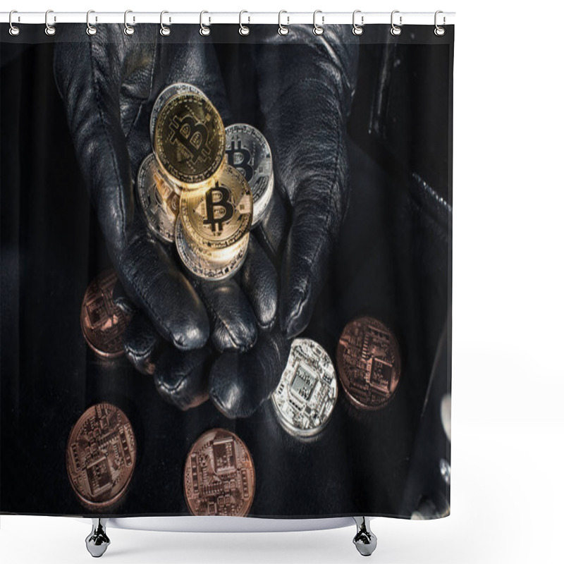 Personality  Stack Of Bitcoin In Hands Of Thief Wearing Gloves Shower Curtains