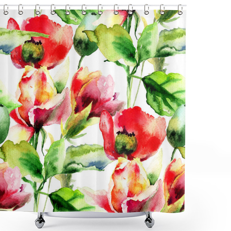 Personality  Seamless Wallpaper With Rose And Poppy Flowers Shower Curtains