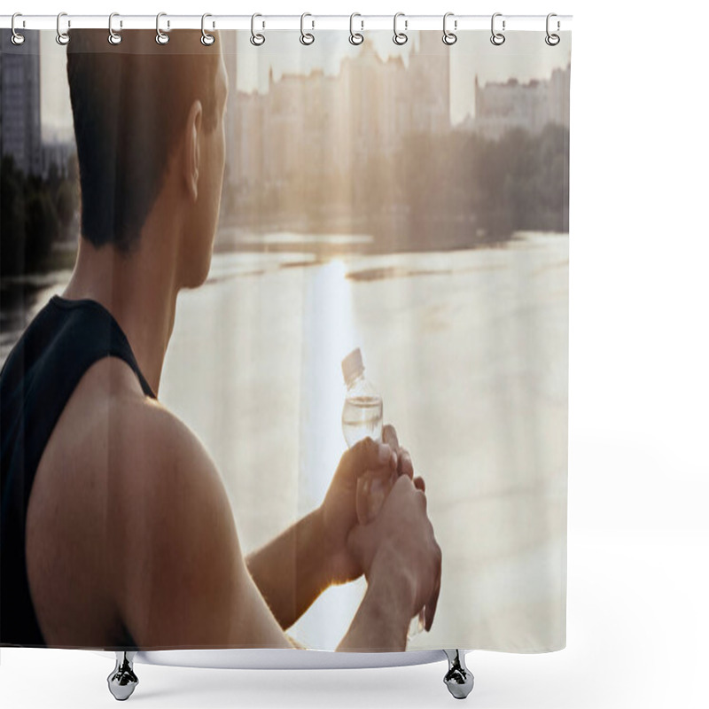 Personality  Young Bi-racial Sportsman With Bottle Of Water Looking At Sunrise Over River Shower Curtains