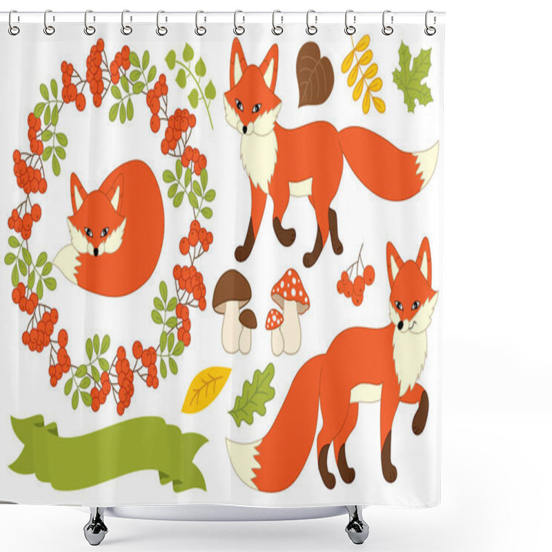 Personality  Vector Autumn Set With Foxes, Plants And Ribbon Shower Curtains