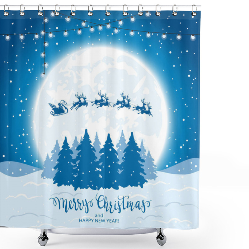 Personality  Blue Christmas Background With Santa And Reindeer Shower Curtains