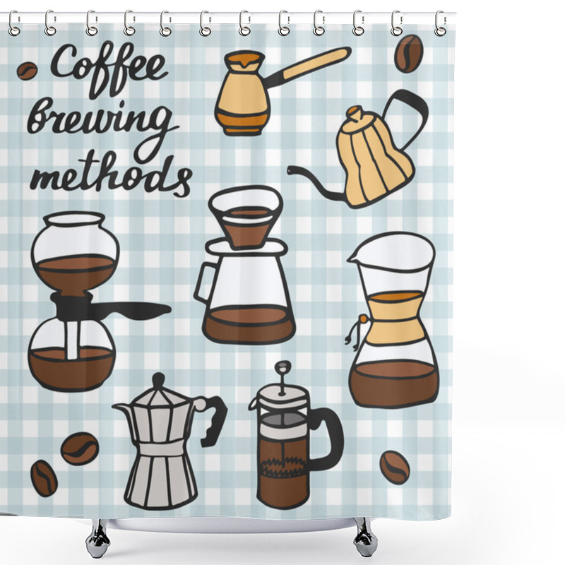 Personality  Coffee Brewing Methods Set. Hand-drawn Cartoon Coffee Makers. Doodle Drawing.  Shower Curtains