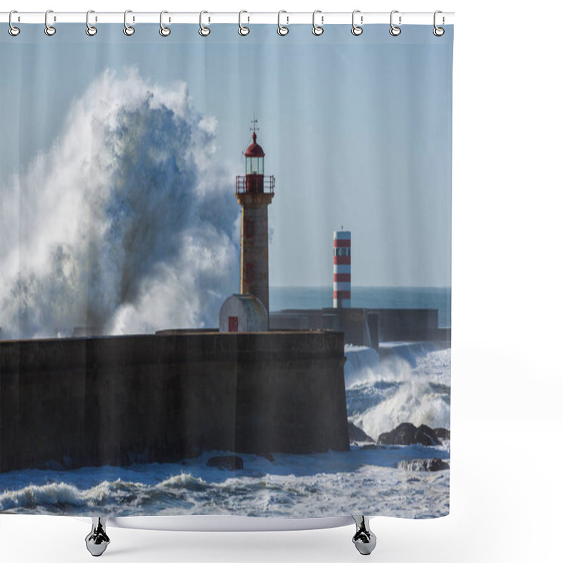 Personality  Waves Crashing On Lighthouse In Foz Of Douro, Portugal Shower Curtains