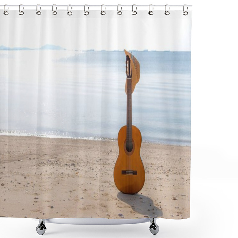 Personality  Summer Traveling With Guitar And Fashion Woman  Hat On The Sand Beach In The Holiday, Sunset Beach Background.  Summer And Travel Concept. Shower Curtains