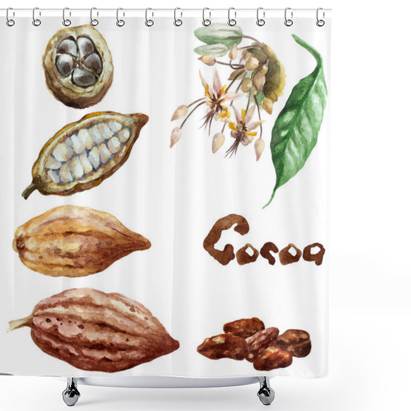 Personality  Set Of Whole And Cut Cocoa Pods, Beans, Flower And Leaf On A White Background. Hand Drawn Watercolor Illustration. Shower Curtains